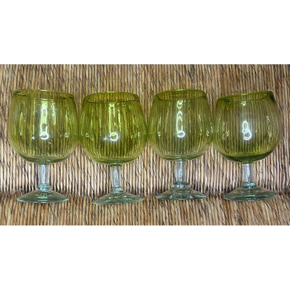 Set of 4 Artland Water Goblet Bubble Glass Green Clear Thick Stem